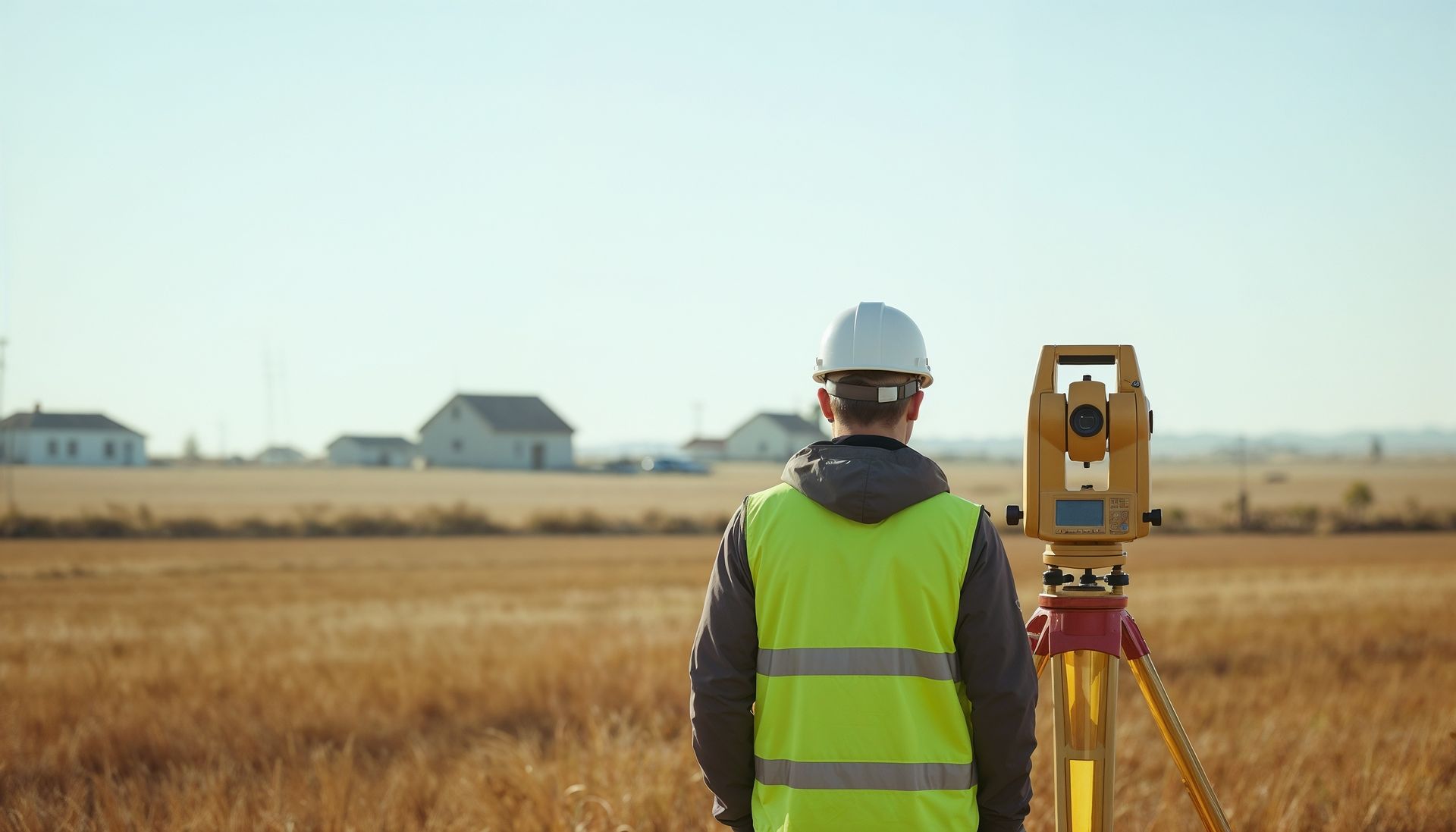 Géomètre portant un gilet de sécurité et un casque de chantier utilisant un instrument monté sur trépied dans un champ.