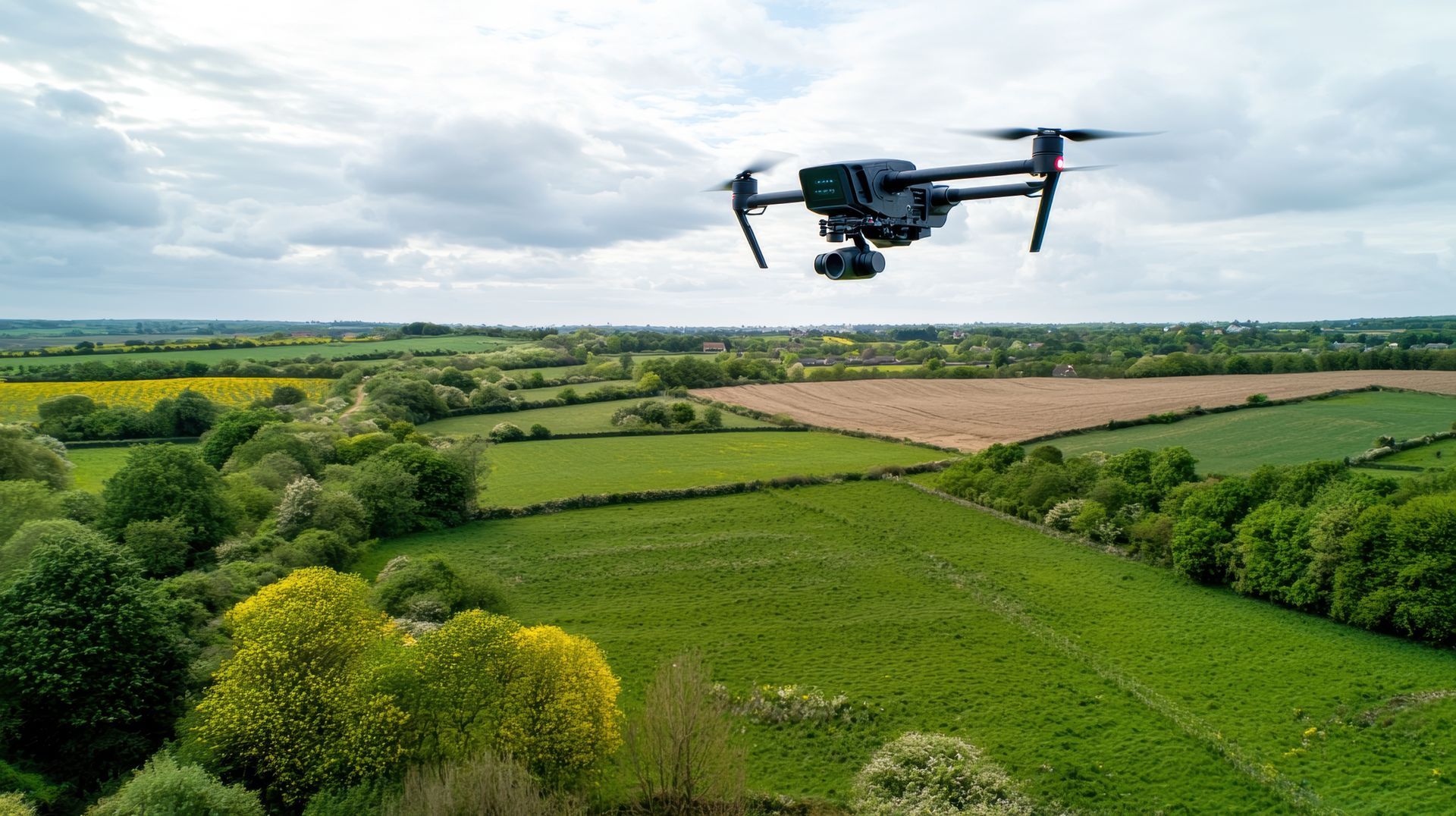 Drone survolant des terres agricoles verdoyantes.