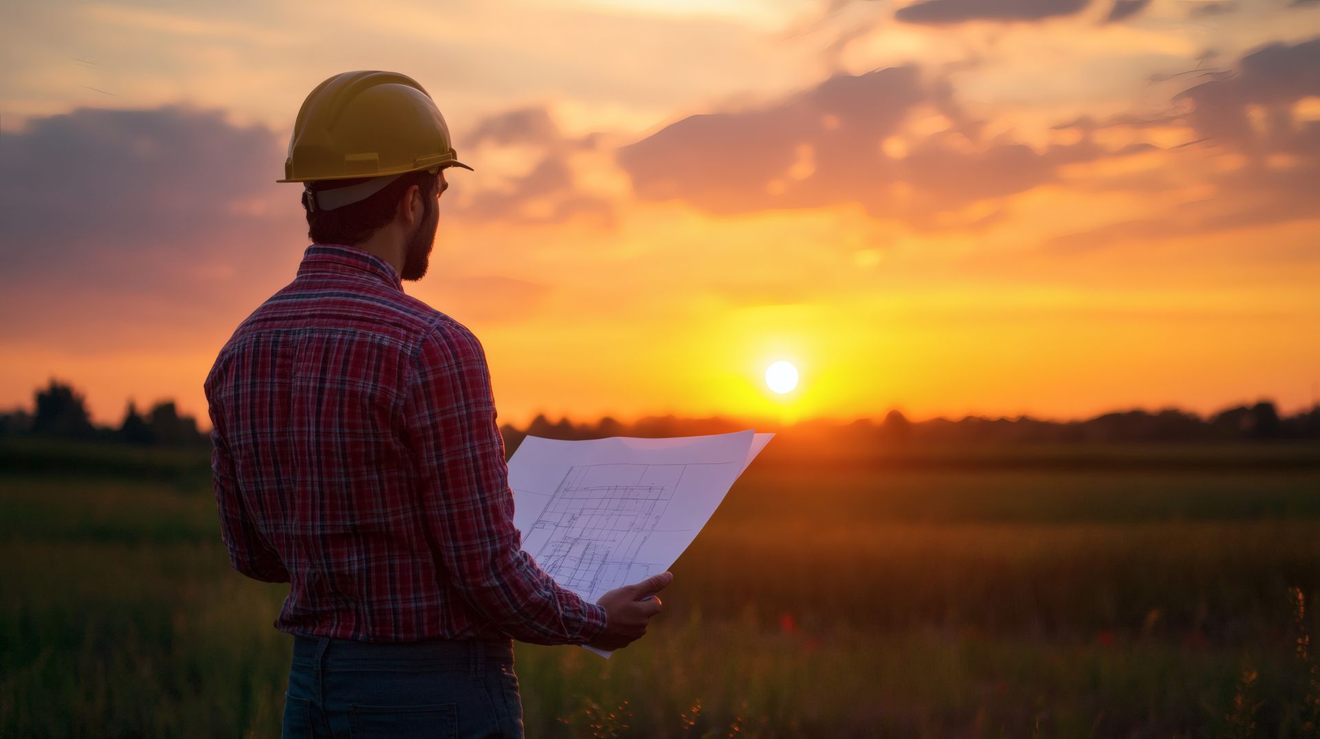 Une personne portant un casque de chantier tient des plans devant un champ au coucher du soleil.