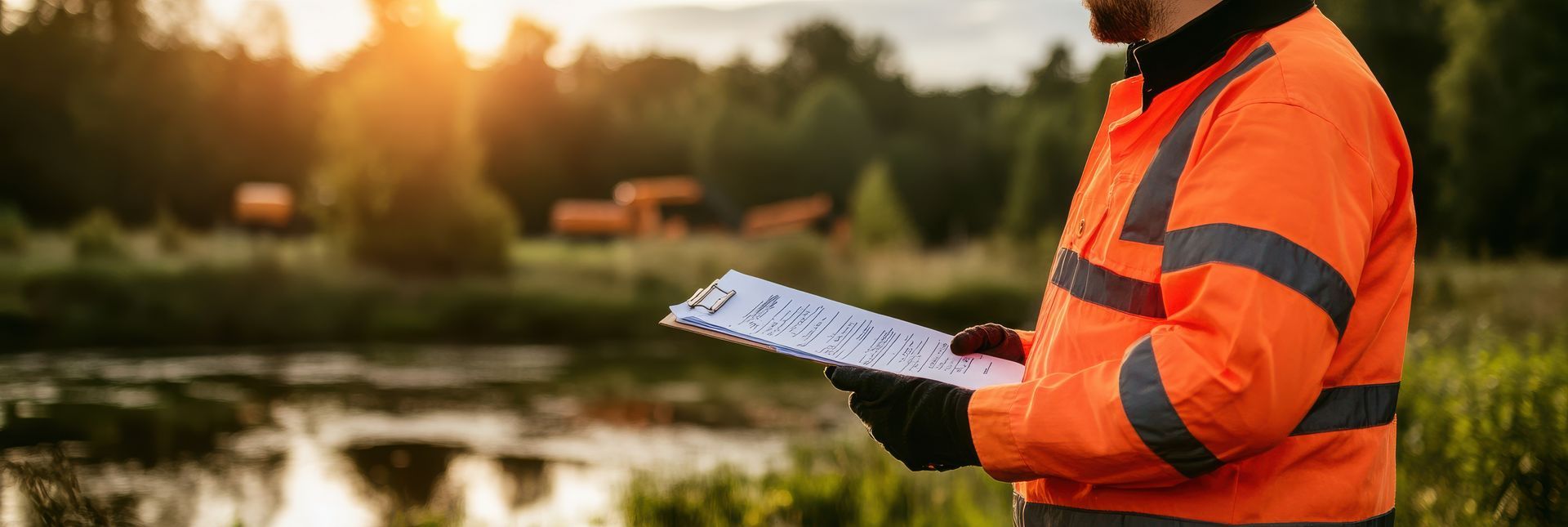 Ouvrier en veste de sécurité orange tenant un bloc-notes à l'extérieur au coucher du soleil.