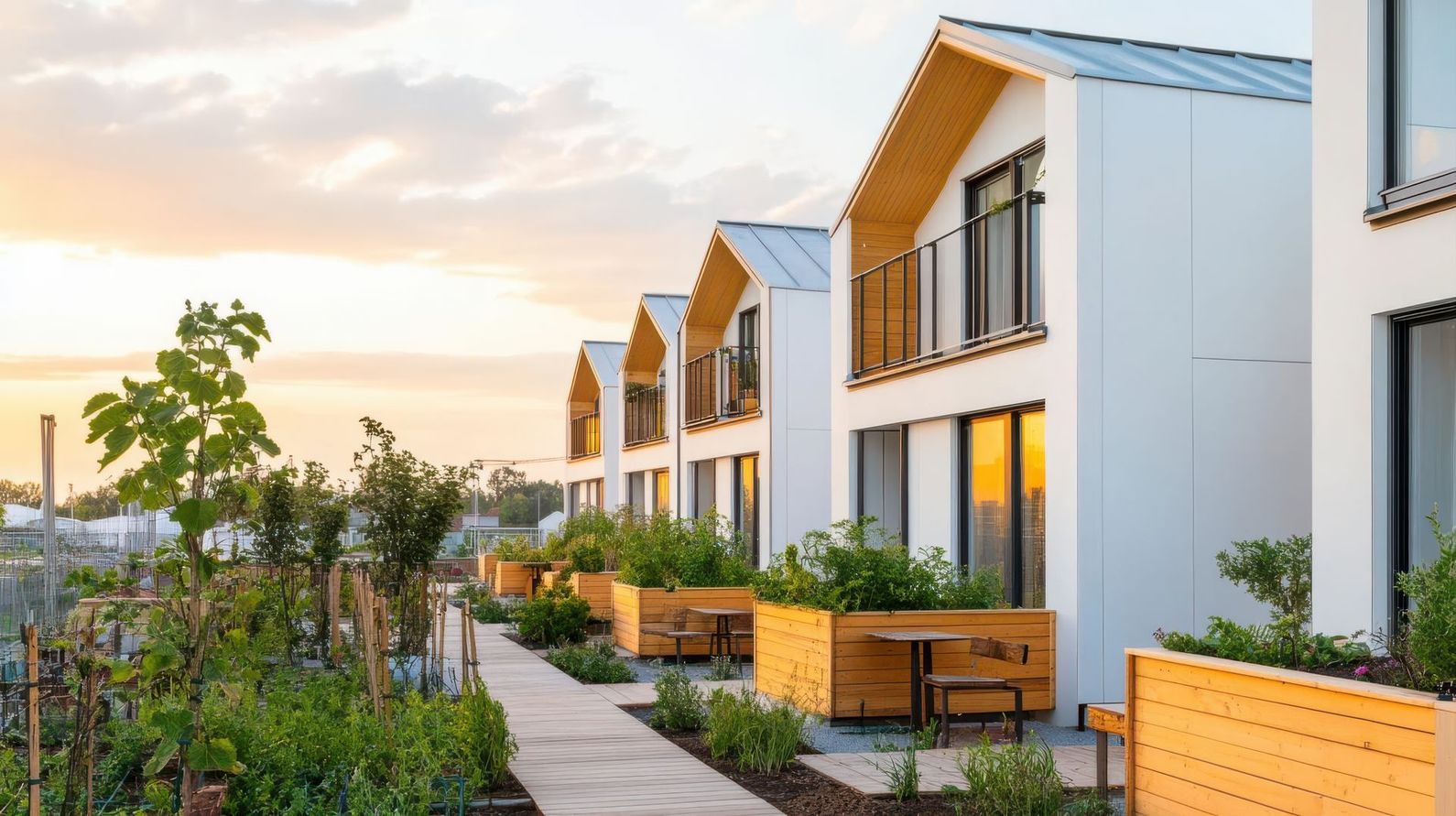 Maisons de ville blanches modernes avec balcons donnant sur une allée paysagée au coucher du soleil.