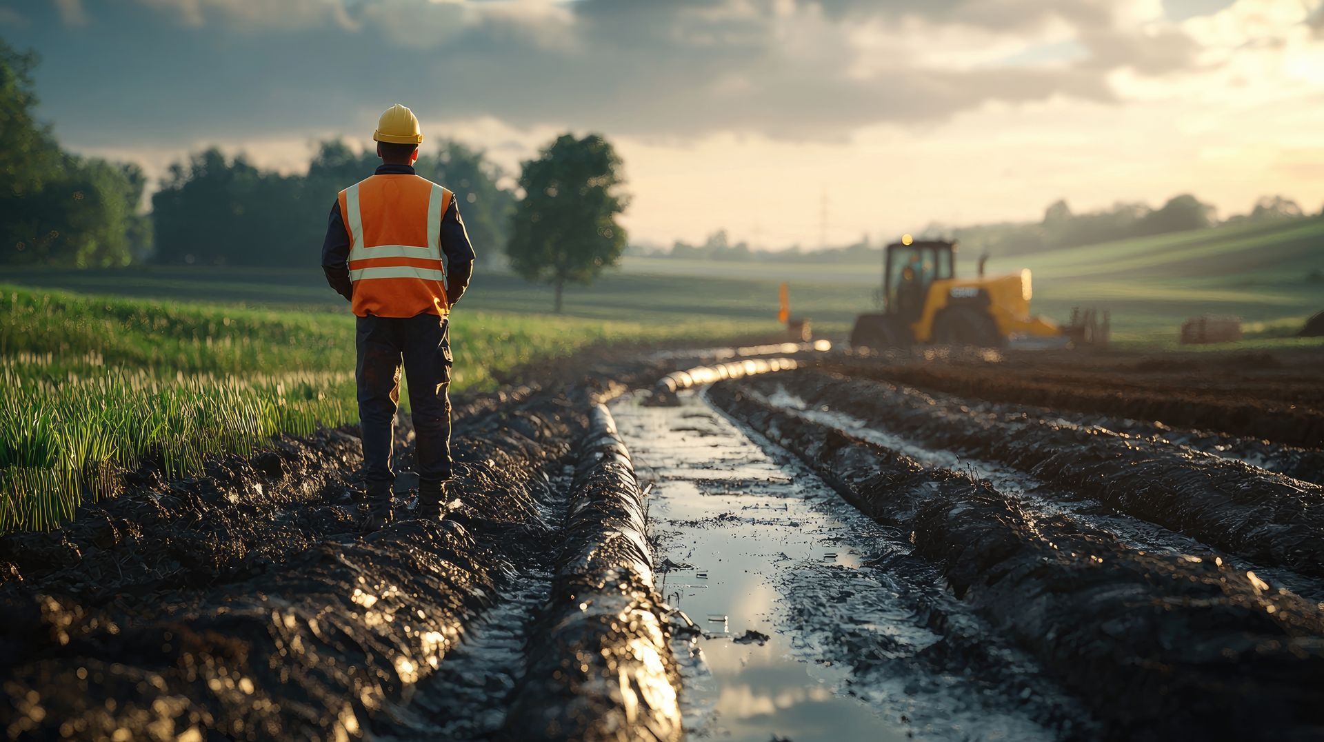 Un ouvrier en gilet de sécurité orange se tient près d'une tranchée de chantier boueuse en bord de route au lever du soleil.