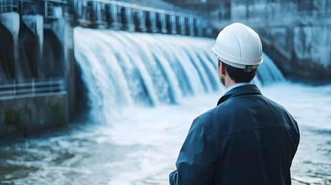 Un ouvrier portant un casque blanc observe le déversoir d'un barrage où l'eau s'écoule rapidement.