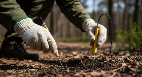 Des mains gantées testent le sol à l'aide d'un outil jaune dans un jardin boisé.