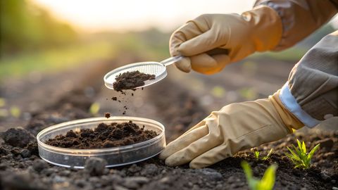 Des mains gantées tamisent de la terre sombre au-dessus d'un plateau peu profond à l'extérieur.