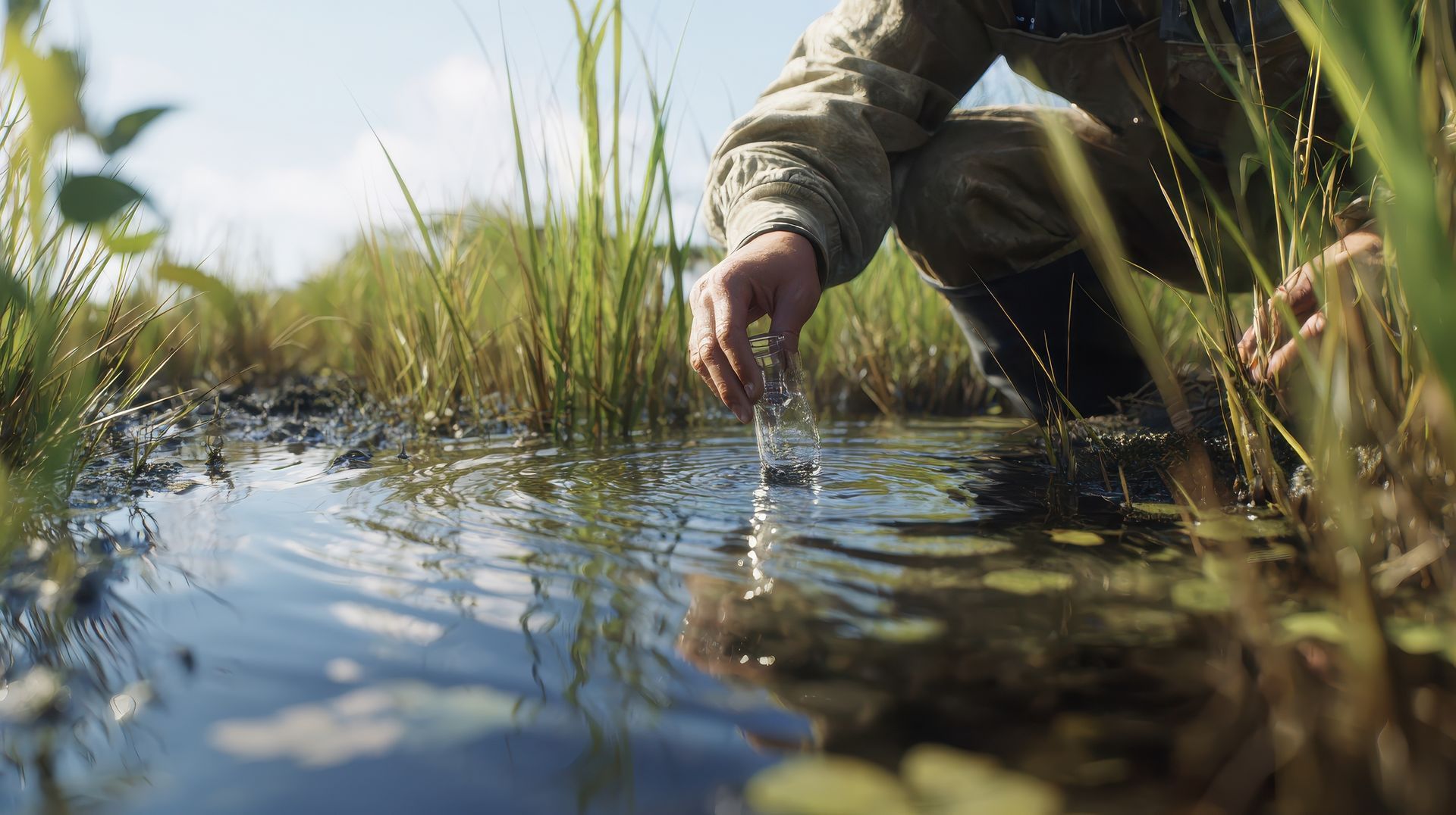 Une personne plonge la main dans l'eau peu profonde d'un marais, au milieu de hautes herbes vertes.