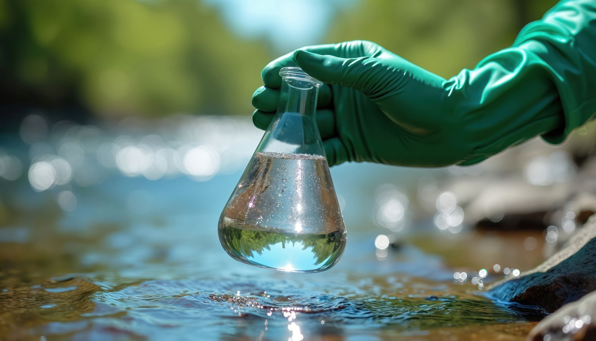Une main gantée plonge un flacon de verre dans un cours d'eau limpide, prélevant un échantillon d'eau.