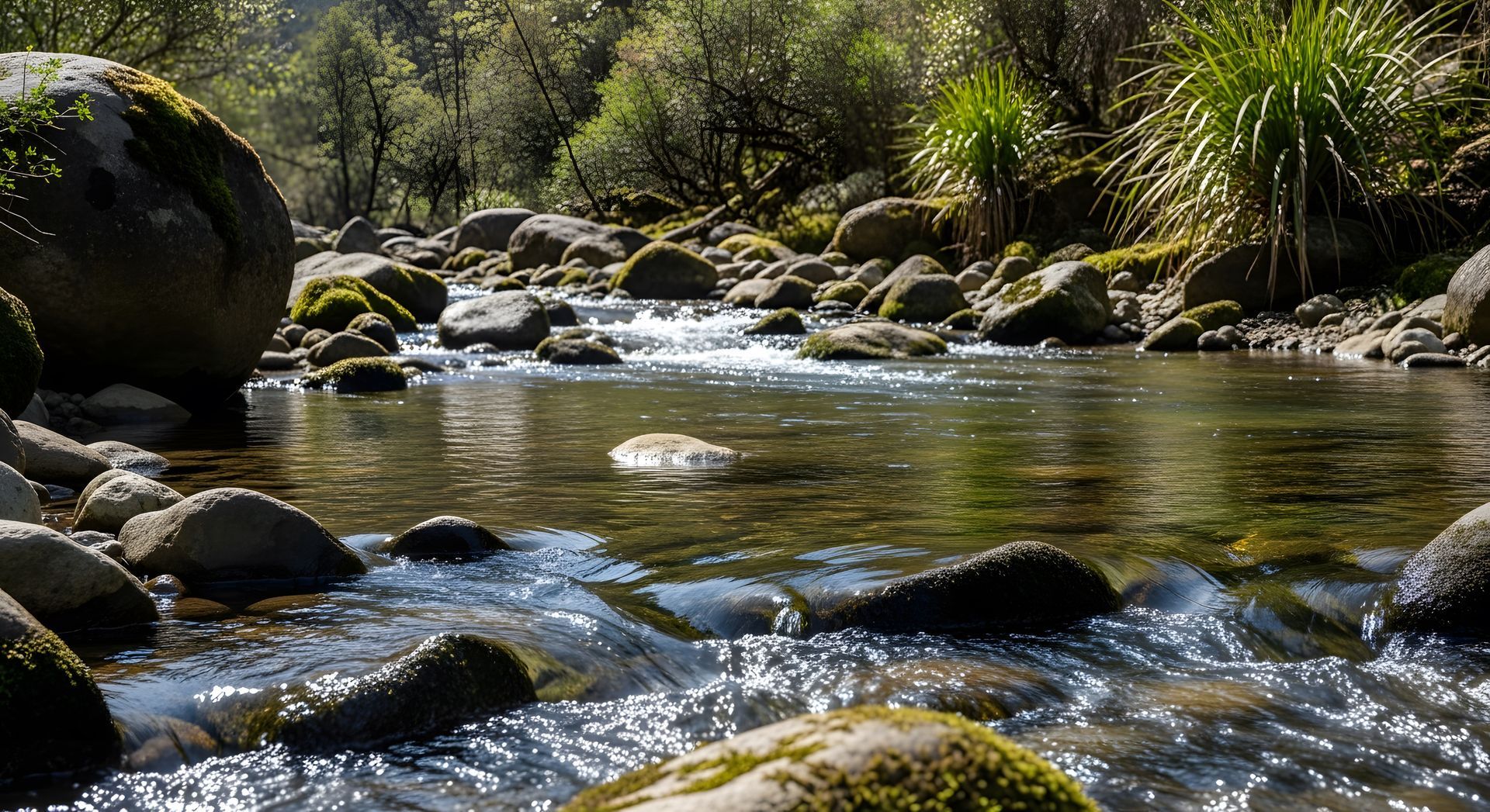 Ruisseau forestier peu profond avec des rochers ensoleillés, de la mousse et de l'eau courante.