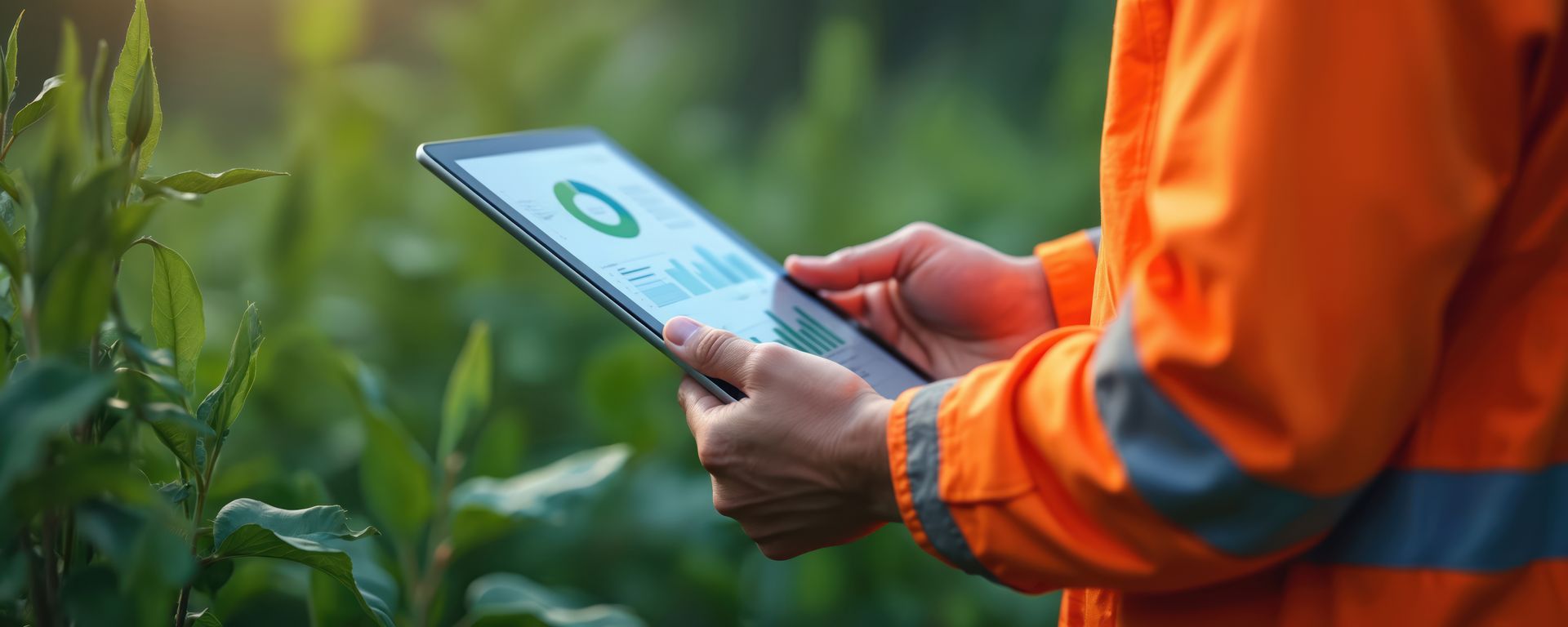 Une personne portant une veste orange utilise une tablette dans un champ cultivé.