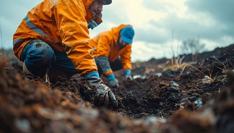 Des ouvriers en vestes orange plantent dans la terre sombre.