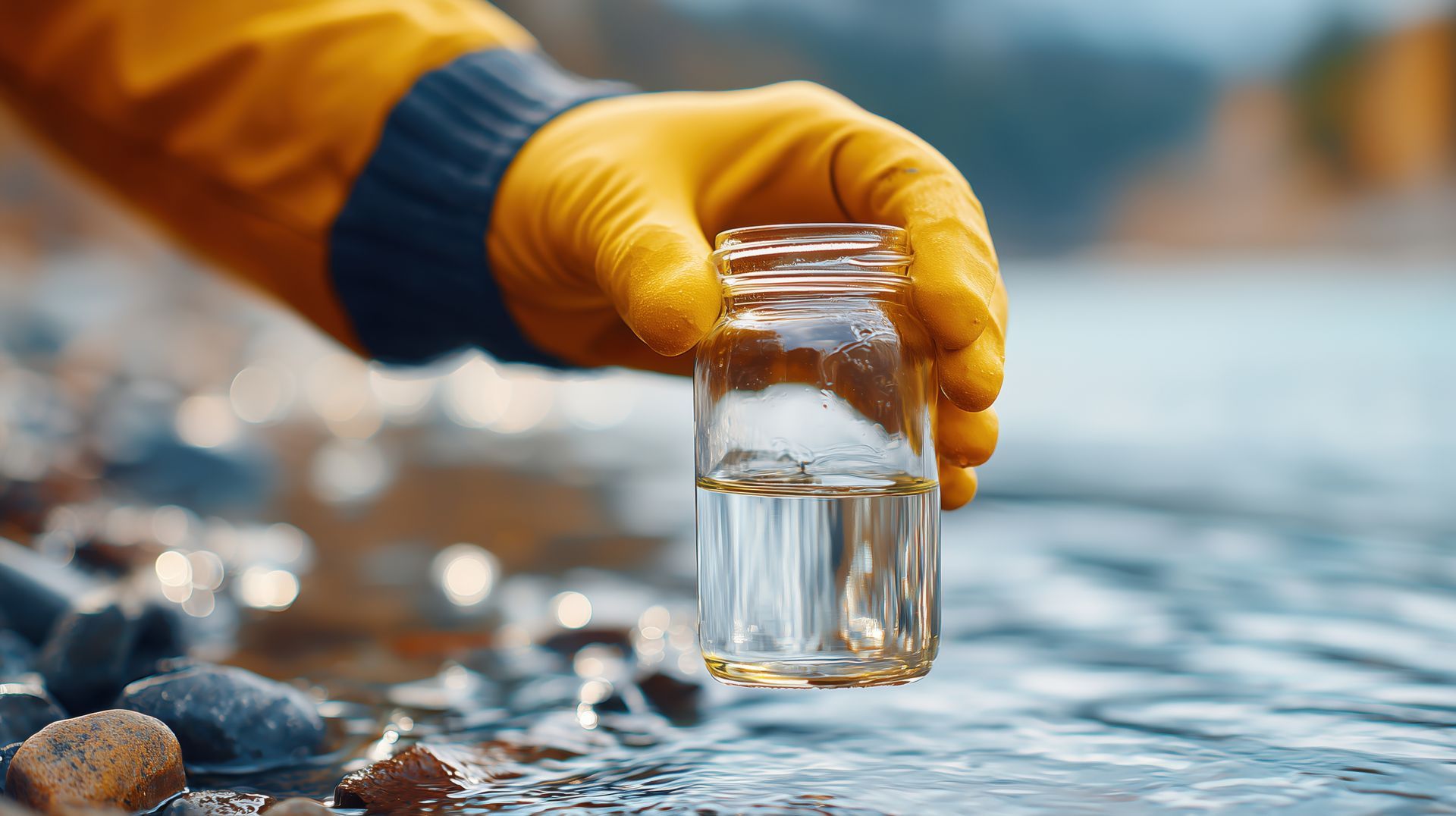 Main gantée tenant un bocal en verre d'eau claire au-dessus d'un ruisseau rocailleux.