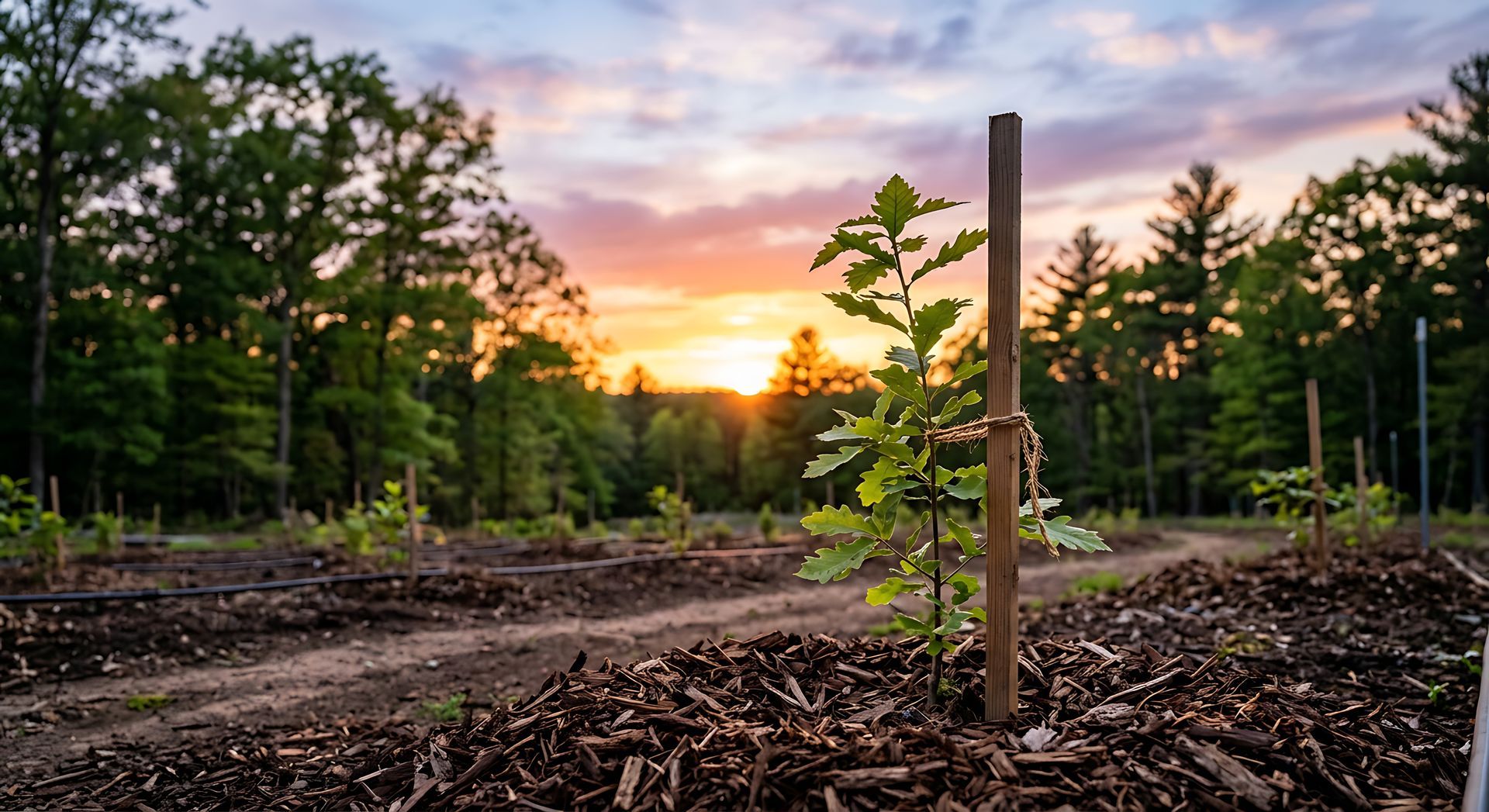 Coucher de soleil sur un terrain forestier défriché avec des souches d'arbres, des chemins de terre et un poteau en bois avec une jeune pousse au premier plan.