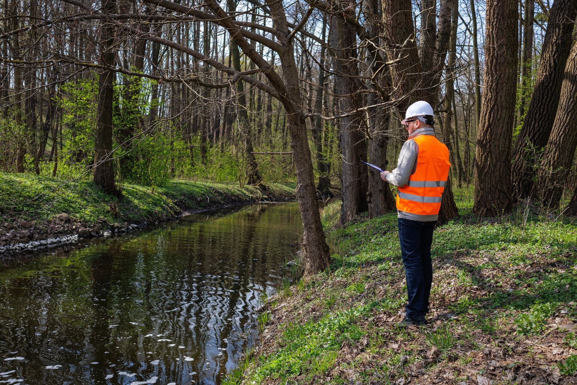 Une personne portant un gilet de sécurité orange et un casque se tient près d'un ruisseau boisé.