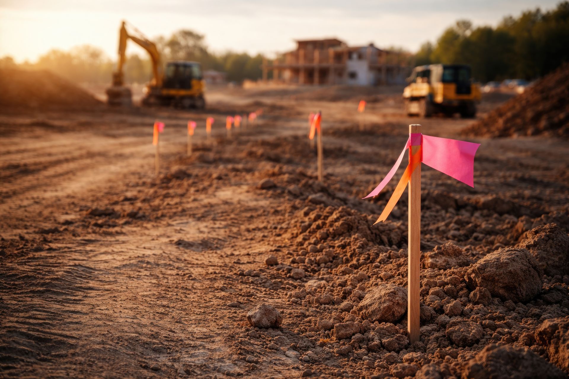 Chantier de construction avec excavatrice et piquets d'arpentage sur un terrain vague au coucher du soleil.