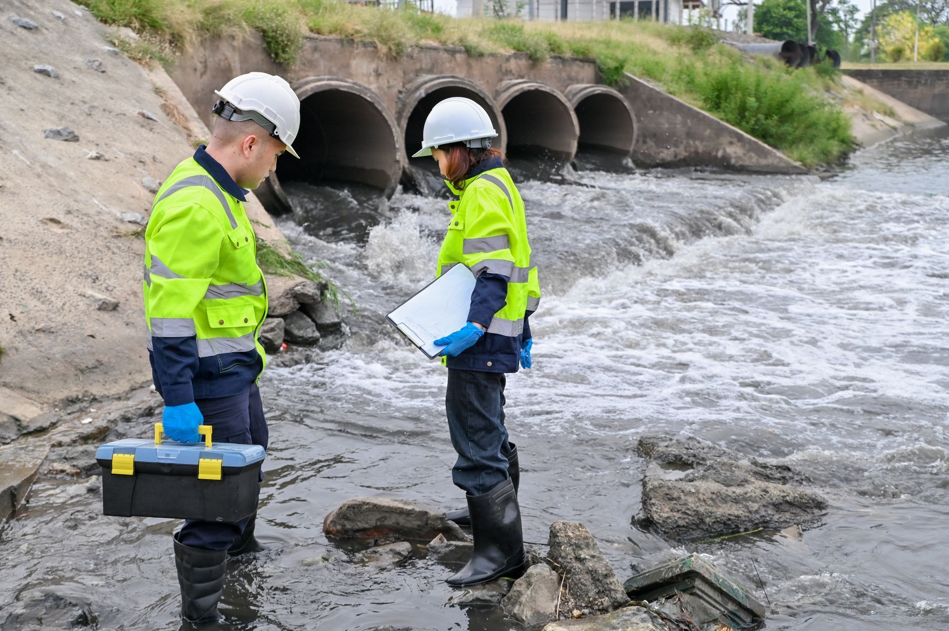 Deux ouvriers portant des gilets de haute visibilité inspectent un collecteur d'eaux pluviales près d'une rive rocheuse.