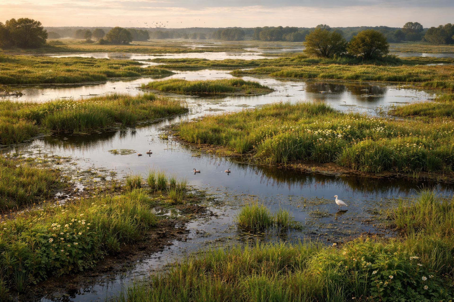 Marais humide aux canaux sinueux, herbes vertes et oiseaux sous un ciel voilé au lever du soleil.