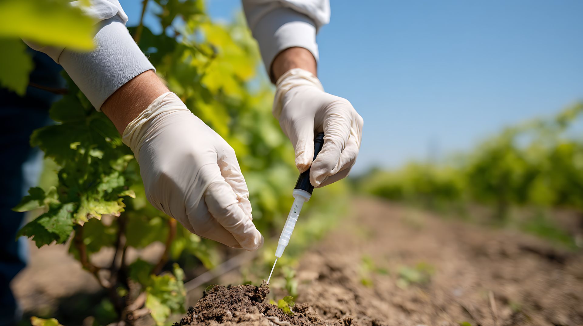 Des mains gantées prélèvent un échantillon de terre de jeunes vignes dans un vignoble ensoleillé.