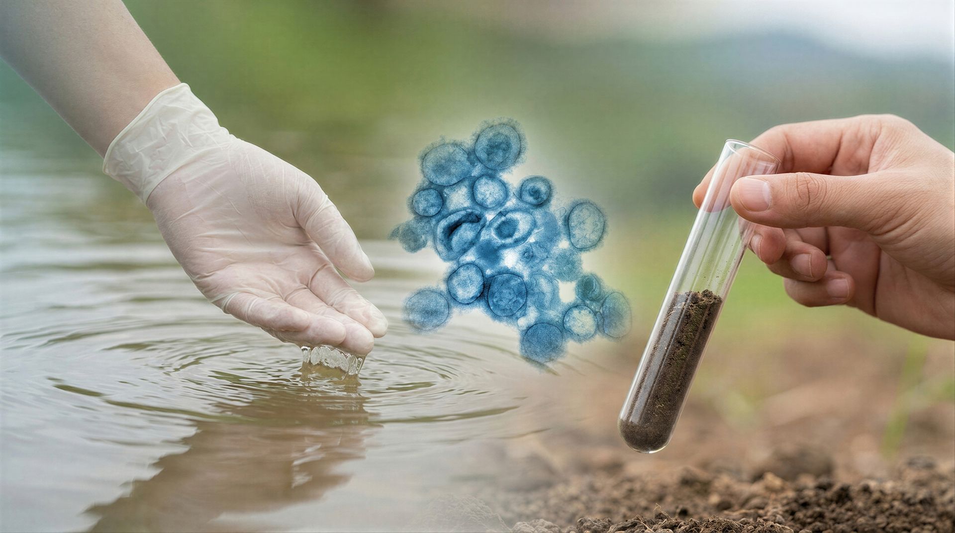 Main gantée dans l'eau à côté d'un tube à essai contenant un sédiment foncé et des graphiques moléculaires bleus.