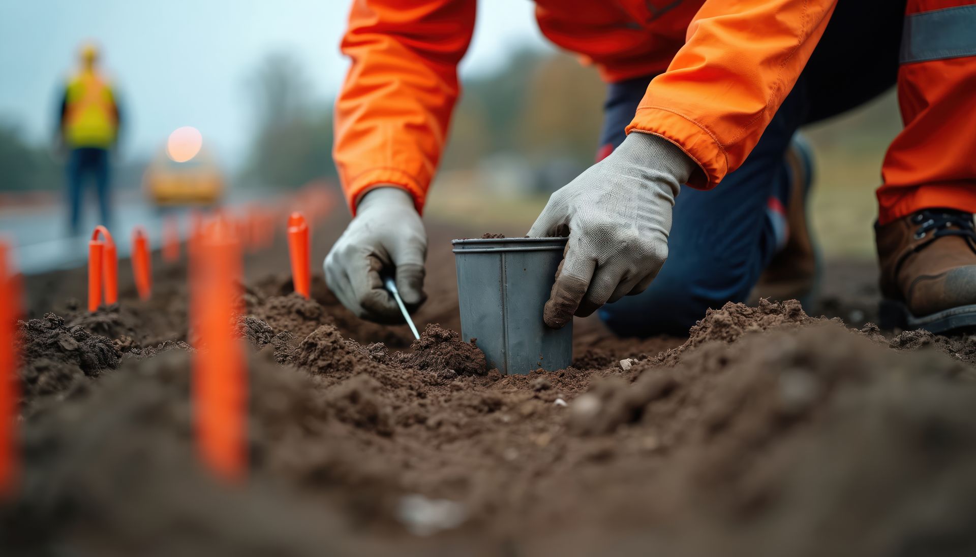 Un ouvrier en manches orange place une étiquette pour planter dans une plate-bande à côté de jeunes plants.