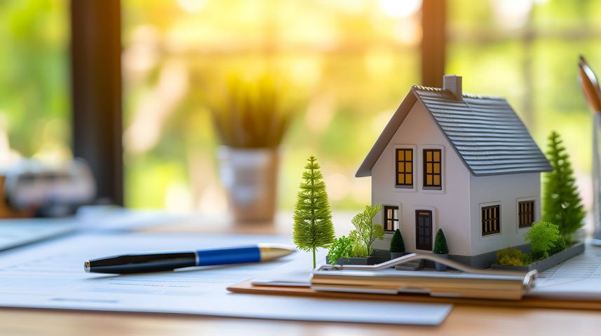 Petite maquette de maison avec arbres et enclos sur une table.