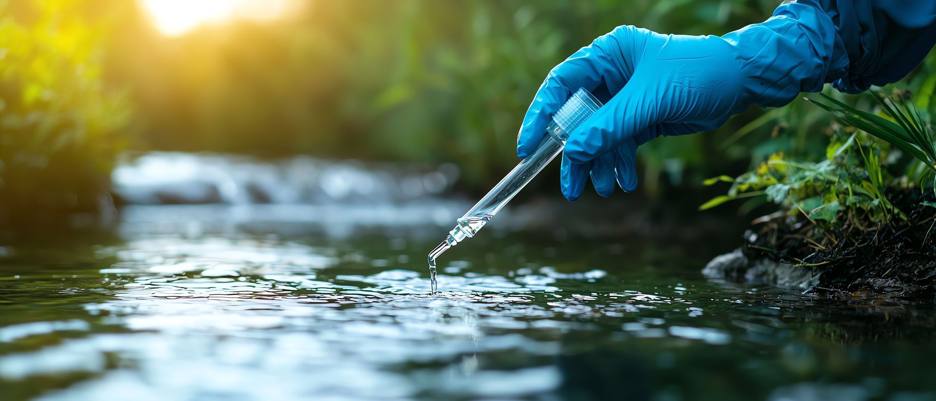 Main gantée prélevant de l'eau à l'aide d'une pipette dans un ruisseau au cœur d'une forêt verdoyante.