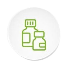 Un icono de línea de dos botellas de pastillas en un círculo blanco.