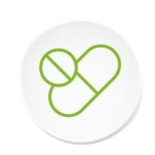 Un icono de línea verde de una píldora en forma de corazón en un círculo blanco.