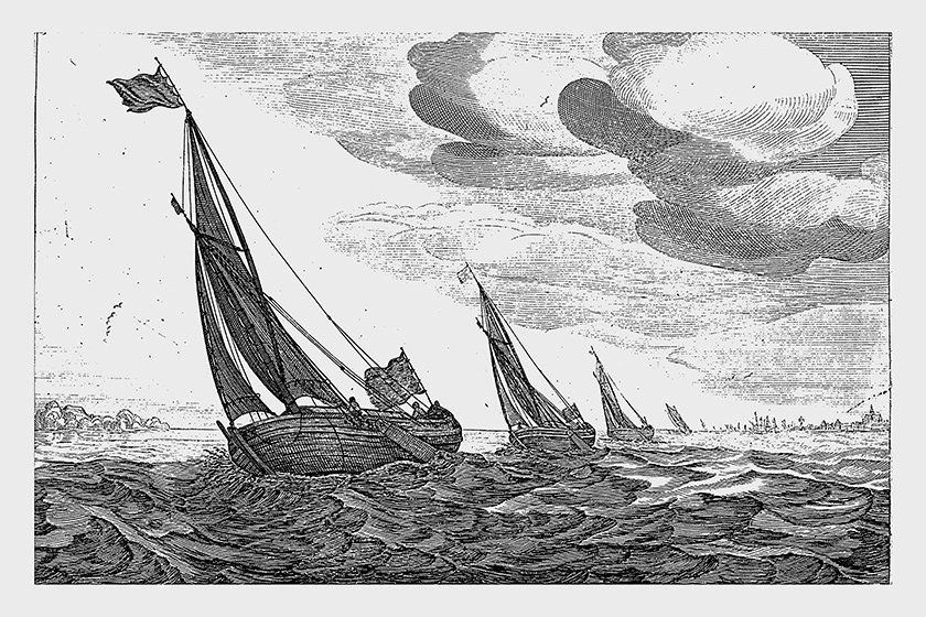 Gravure représentant des navires à voile sur l'eau