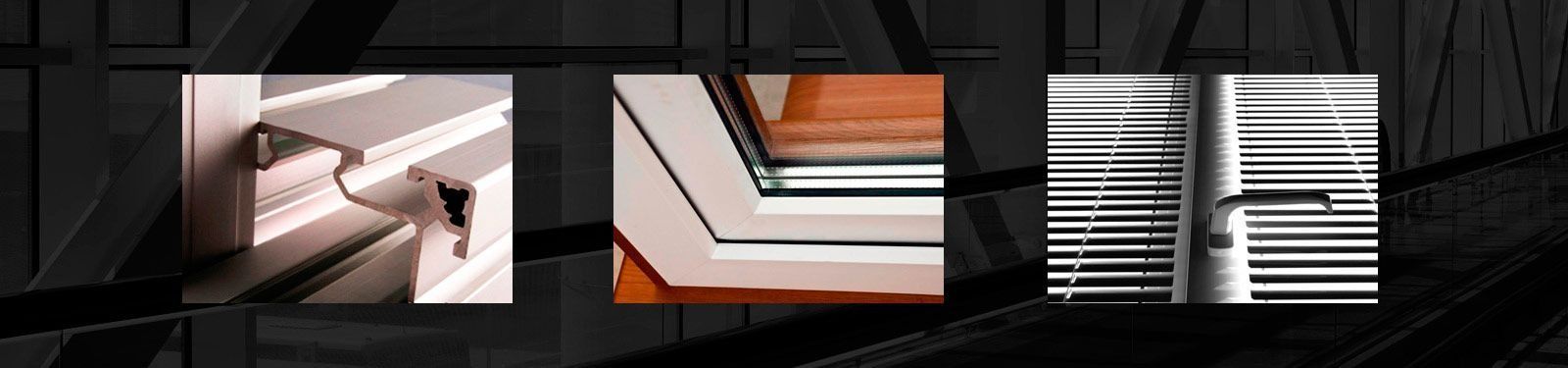 Primer plano de paneles apilados de madera o laminados con detalles en blanco, gris y naranja en una elegante vitrina de exposición.