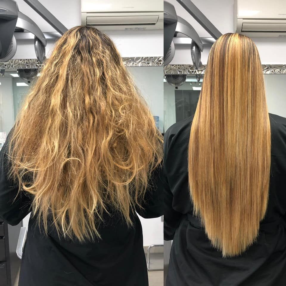Una foto de antes y después del cabello de una mujer en un salón.