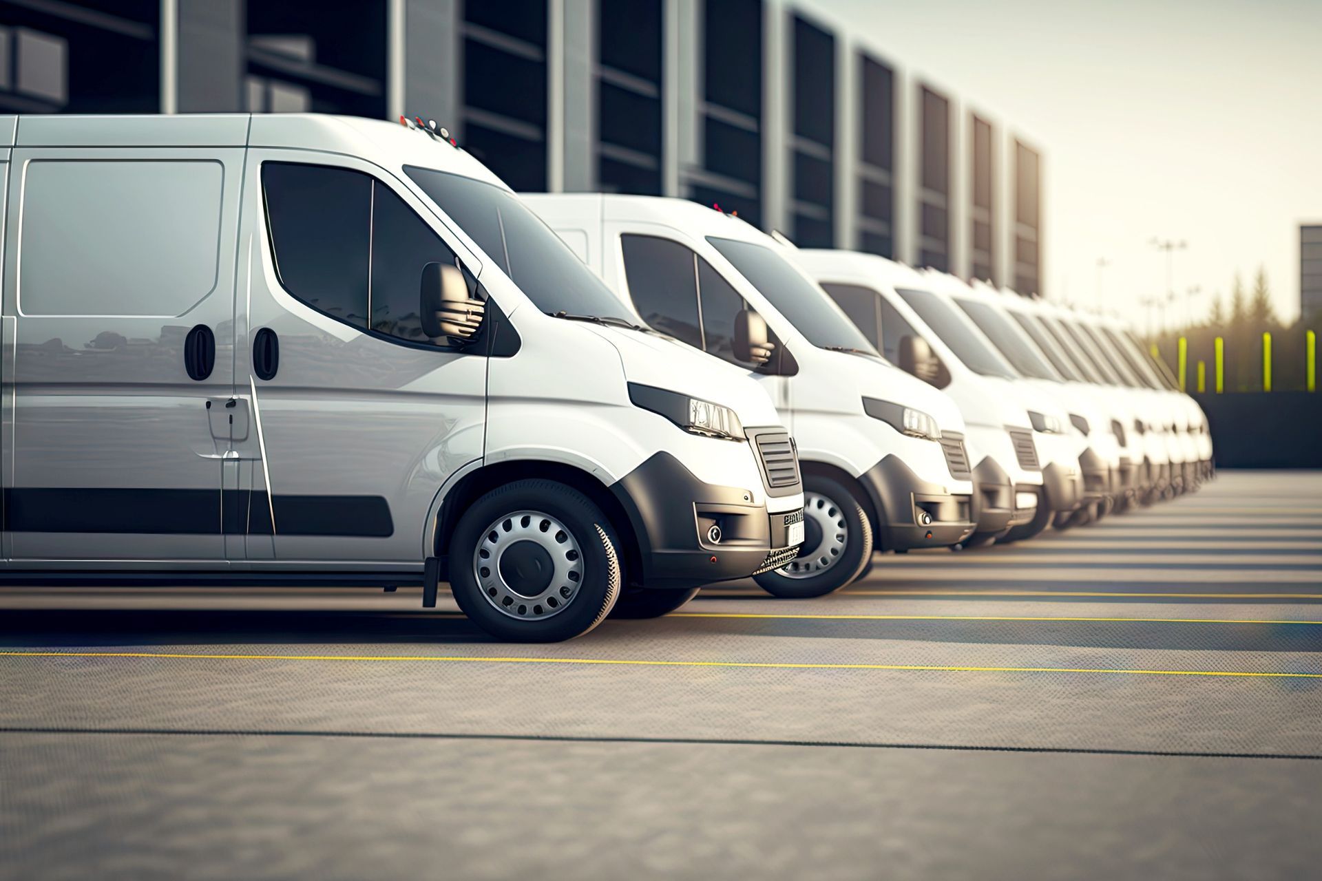 Una fila de furgonetas blancas estacionadas frente a un edificio.