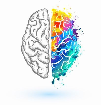 Un dibujo de un cerebro con un arco iris de colores saliendo de él.