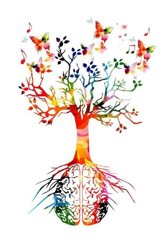 Un árbol colorido con raíces en forma de cerebro y mariposas saliendo de él.