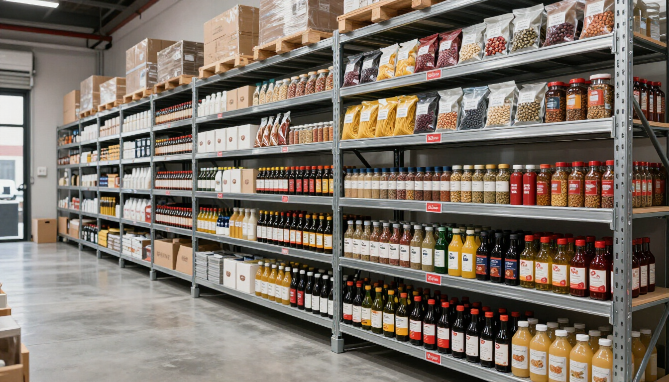 Un pasillo de comestibles bien surtido, con estantes llenos de botellas, frascos y alimentos envasados.