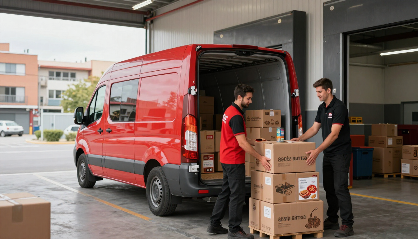 Los trabajadores descargan cajas de cartón de una furgoneta de reparto roja en el muelle de carga de un almacén.