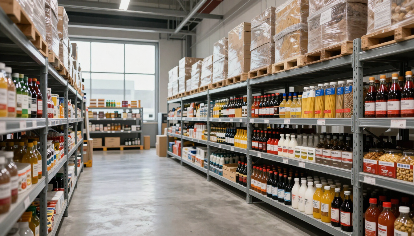 Pasillo de un almacén con estanterías a ambos lados repletas de productos envasados en cajas y botellas.