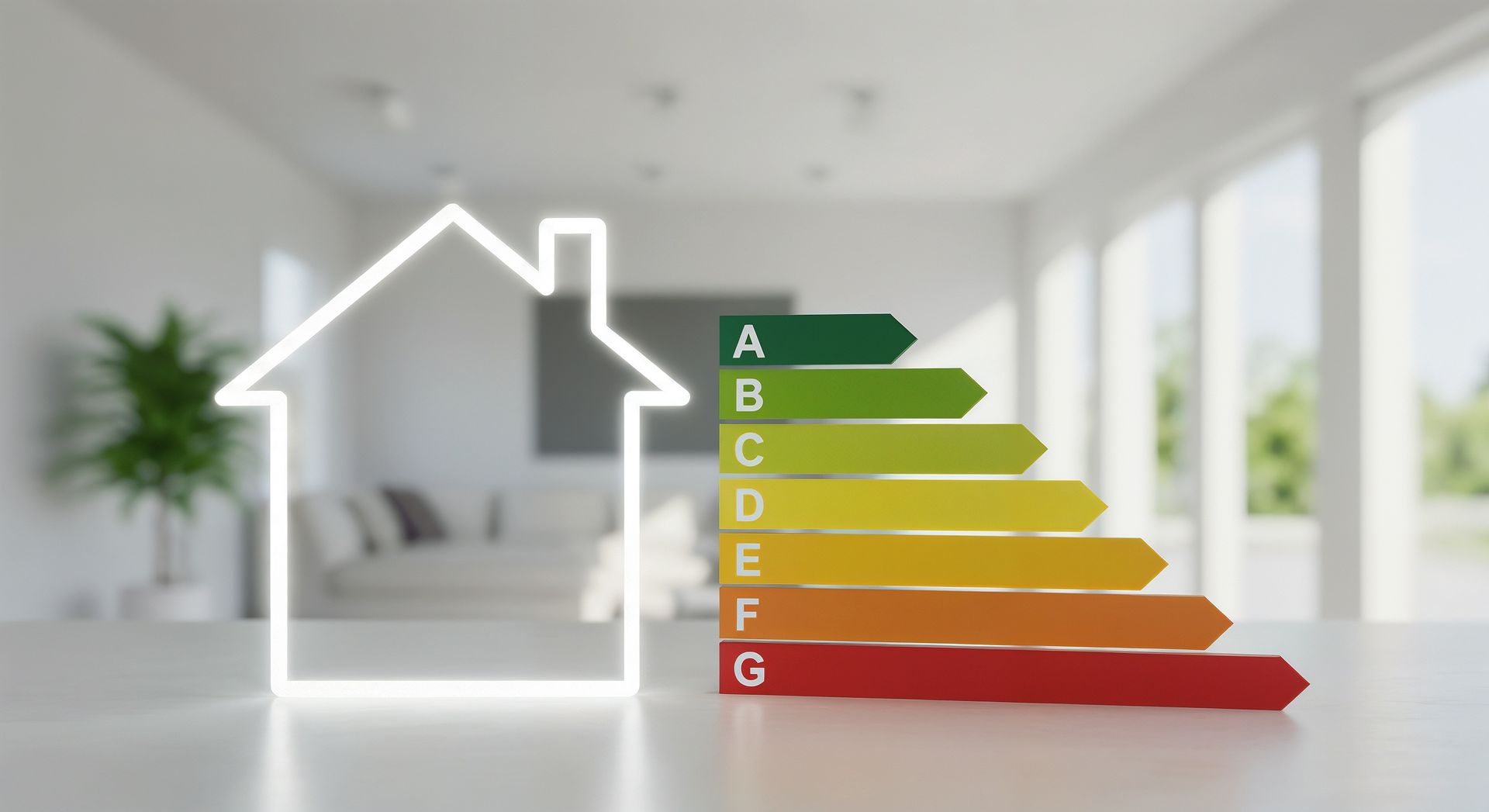 Illustration du diagnostic de performance énergétique (DPE) d'un logement à côté d'une maison en néon.