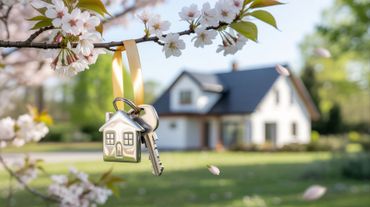Porte-clés maison suspendu à une branche de cerisier, avec une maison floue en arrière-plan.