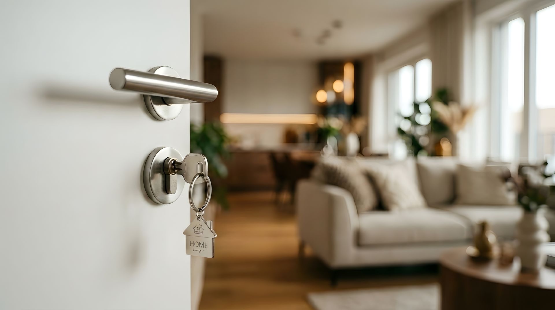 Clé insérée dans la serrure d'une porte ouverte donnant sur un salon moderne et lumineux.