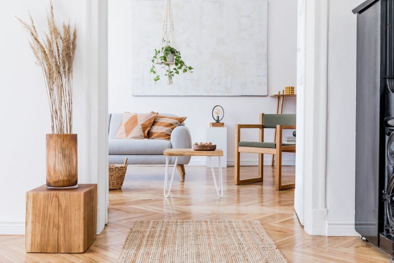 Vue sur un salon élégant avec canapé gris, fauteuil en bois, table basse ronde, parquet en chevrons et plante suspendue dans un intérieur lumineux.