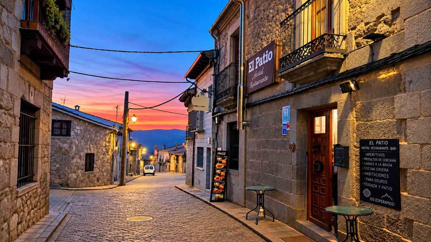 Calle empedrada al atardecer en un pueblo rústico, con edificios de piedra, luces cálidas y un cielo colorido.