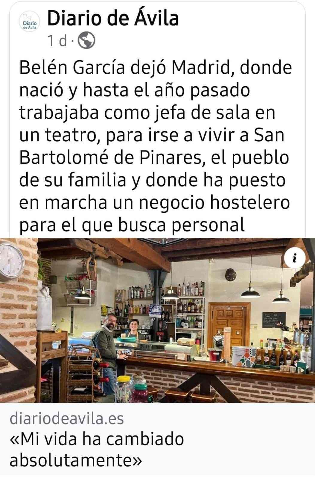 Captura de un post de Diario de Ávila sobre Belén García y un negocio hostelero en marcha, con foto de un bar interior.