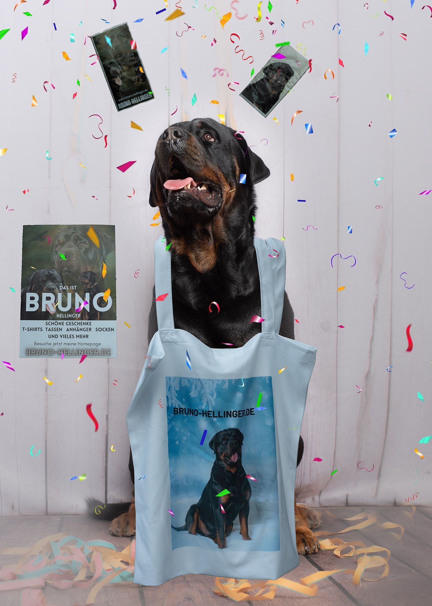 Ein Hund, der eine Einkaufstasche mit dem Namen Bruno darauf trägt