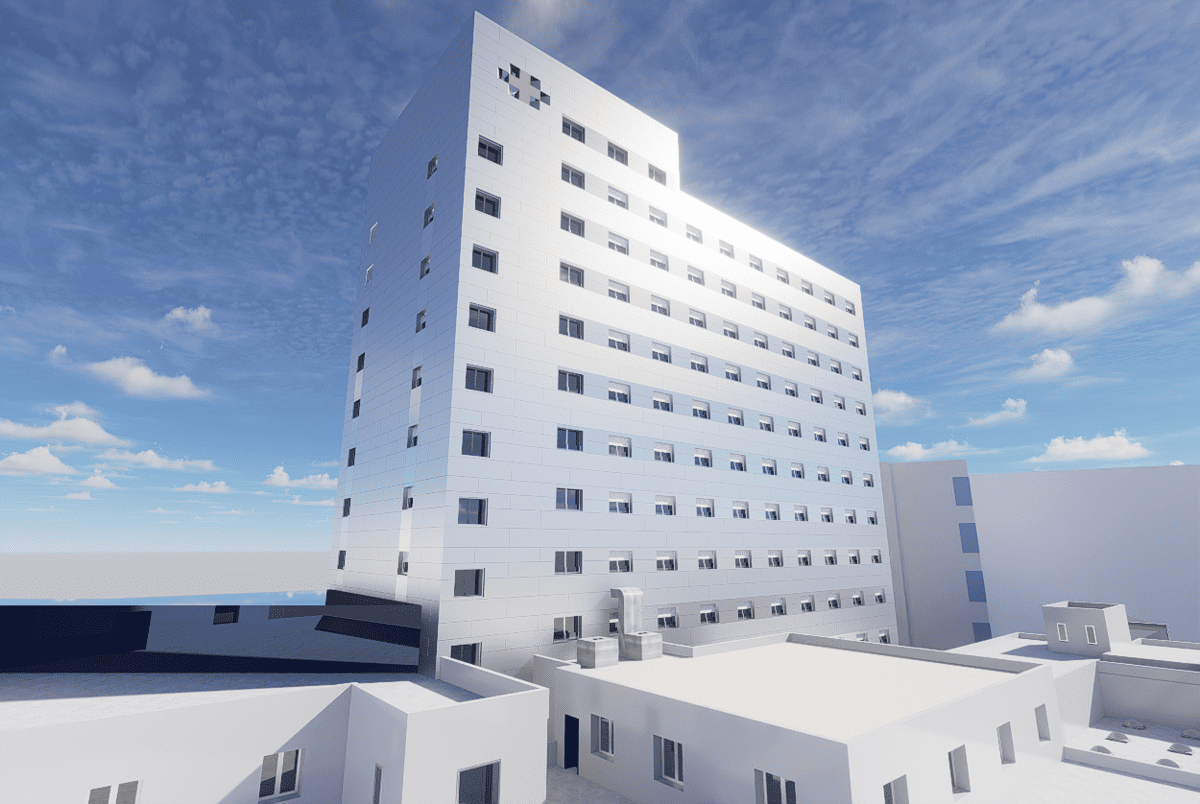 Un edificio blanco con escaleras que conducen hasta él.