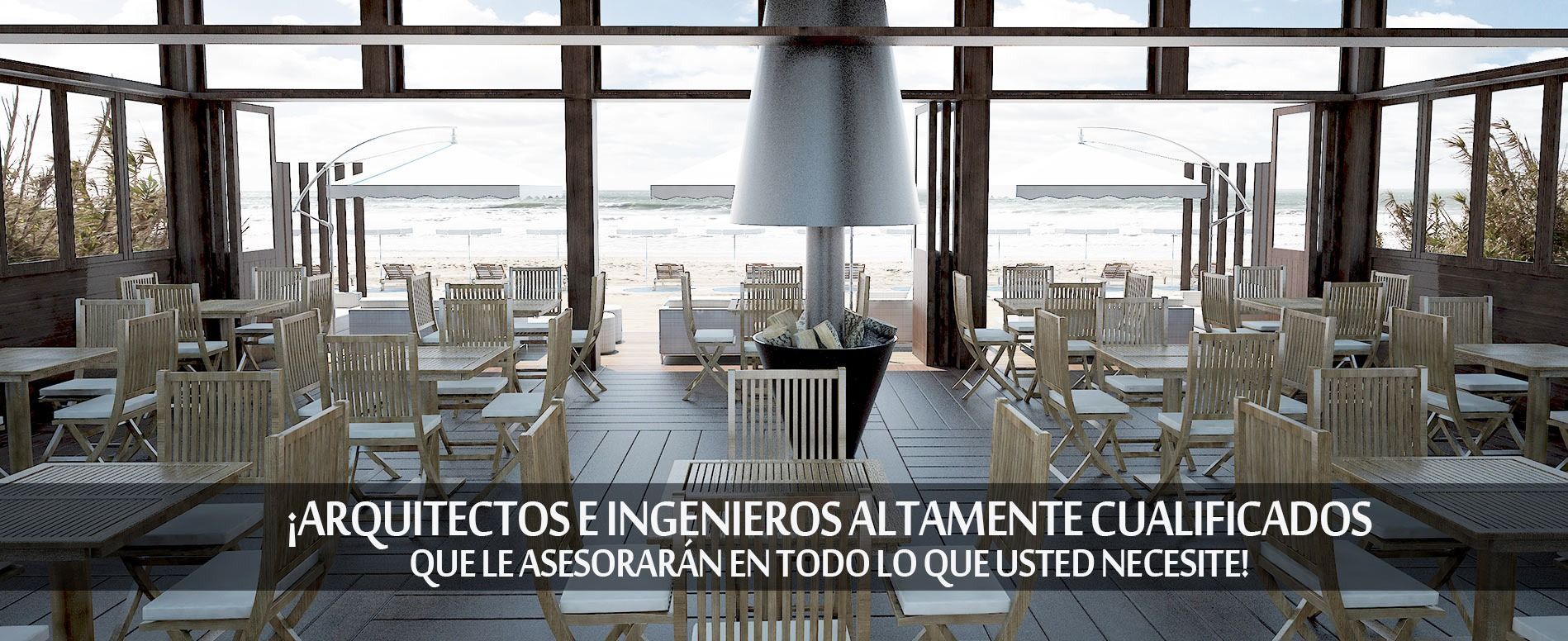 A restaurant with tables and chairs and a sign that says arquitectos ingenieros altamente cualificados