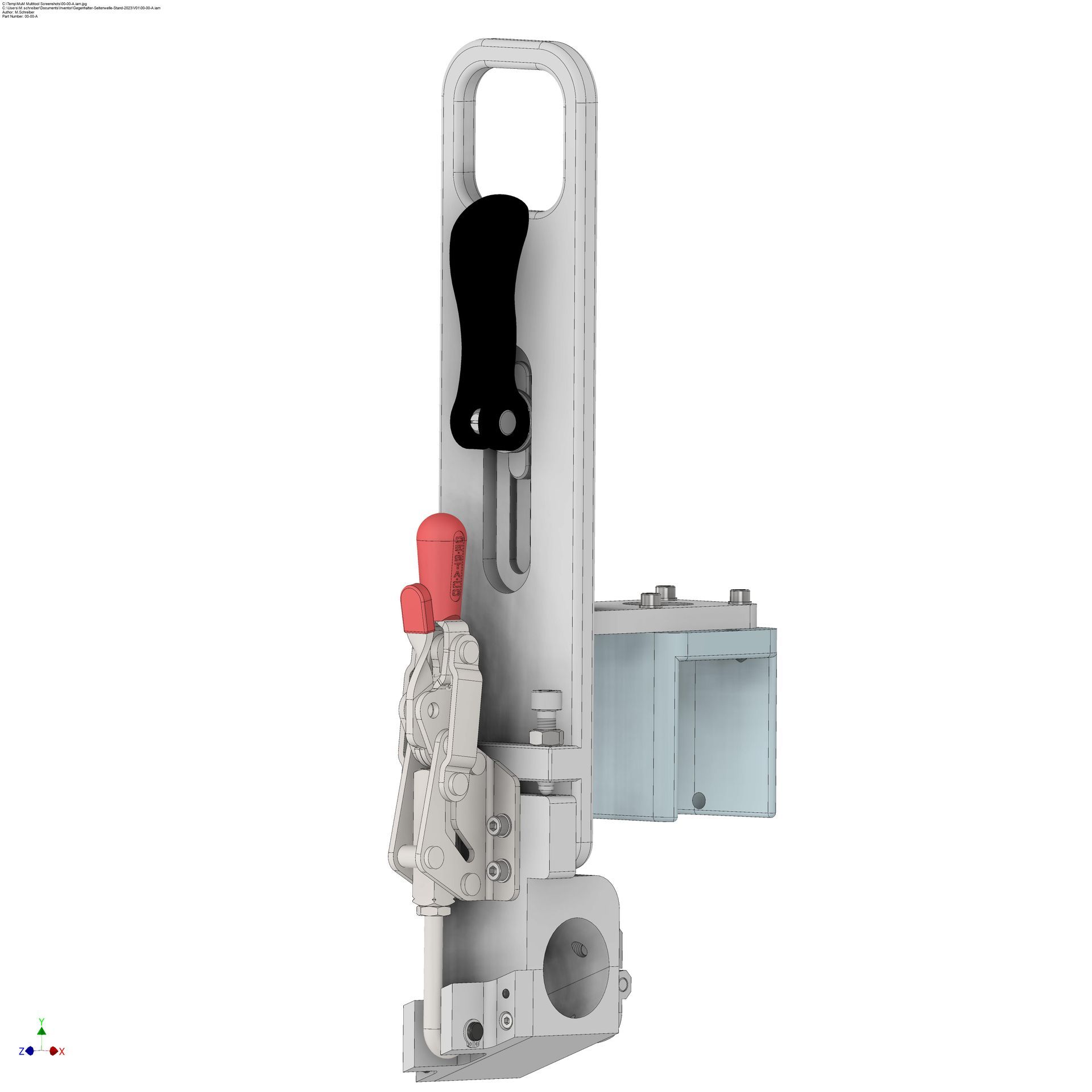 Weißes mechanisches Gerät mit schwarzem Griff und roten Bedienelementen, wahrscheinlich ein Maschinenteil.