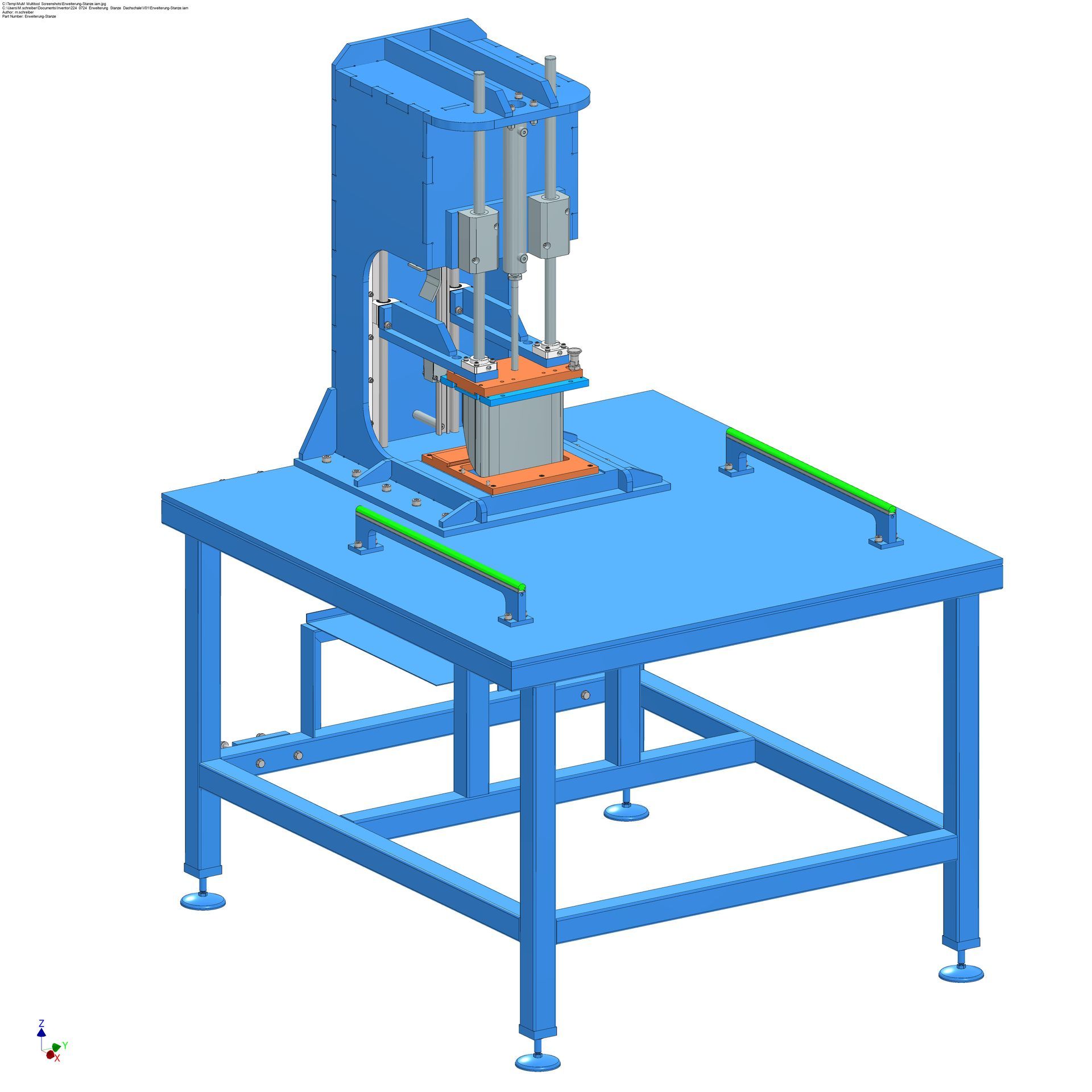 Blaue Industriemaschine auf einem Tisch, wahrscheinlich zum Pressen oder Montieren. Sie verfügt über einen vertikalen Presskopf, Griffe und Sicherheitsgeländer.