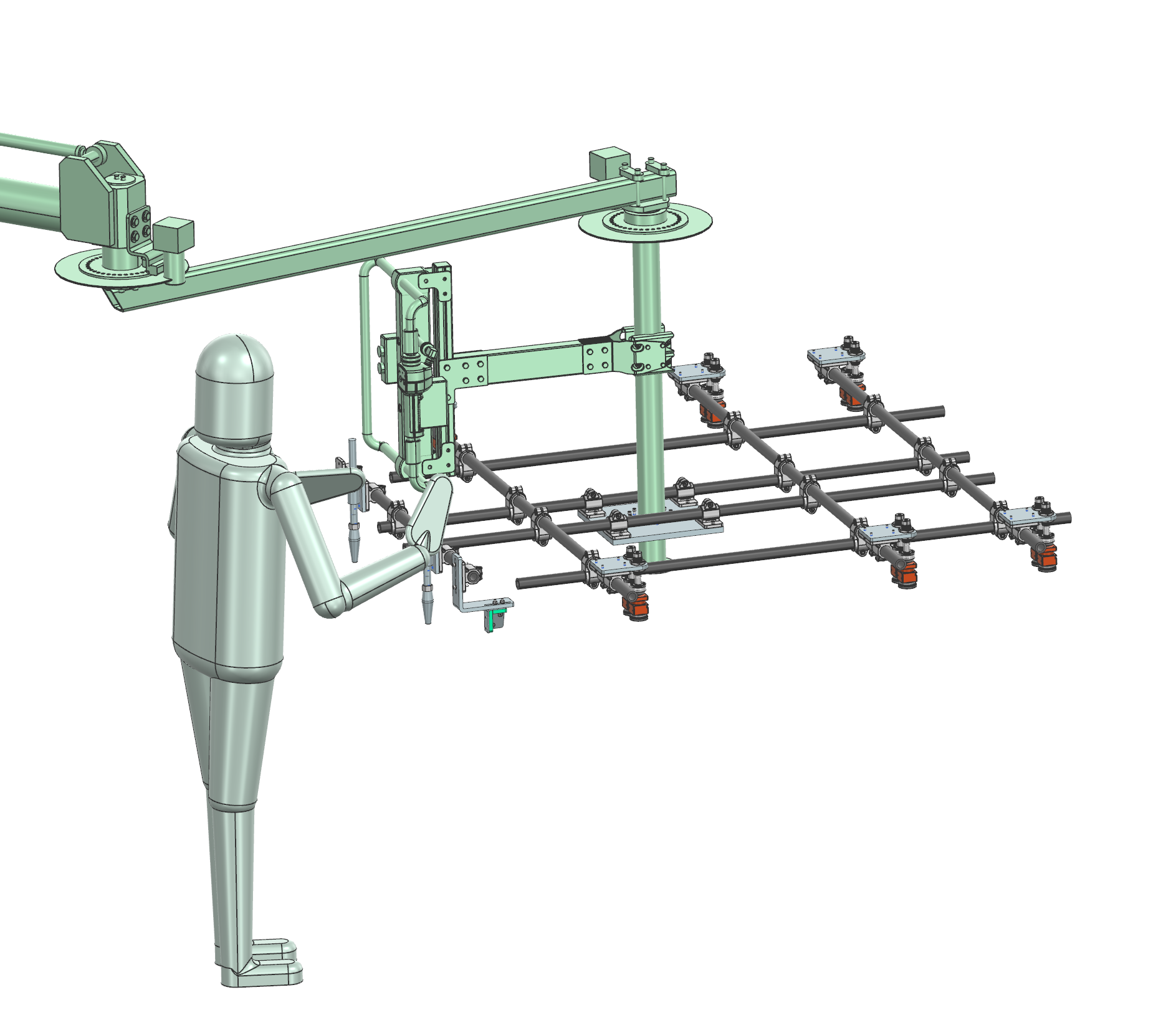 Eine Person bedient einen Roboterarm, der eine gitterartige Struktur mit daran befestigten Werkzeugen hält.