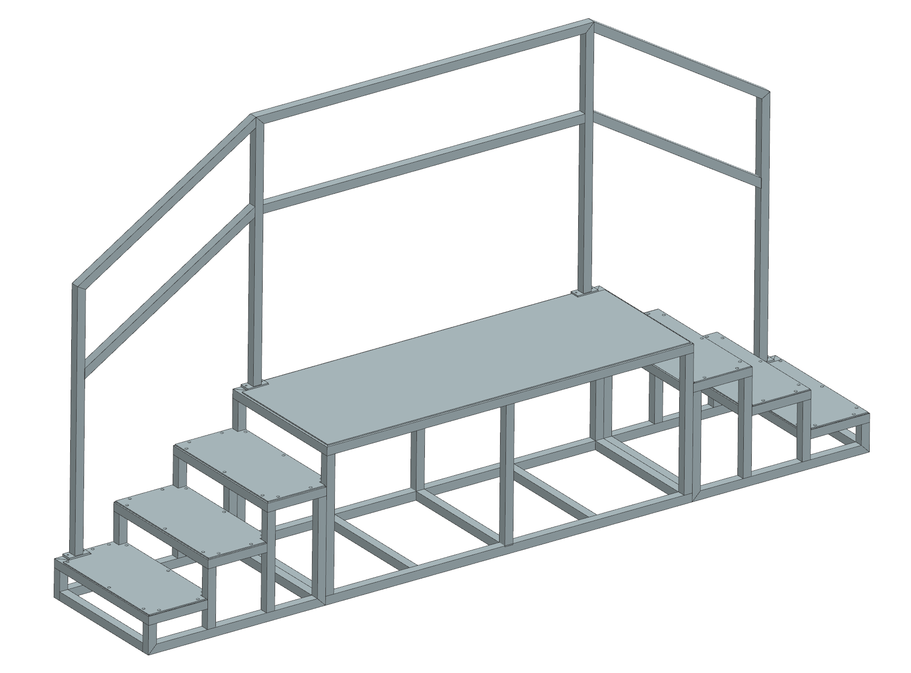 Eine Bühnenkonstruktion aus Metall mit Stufen und Geländer. Grauer Stahlrahmen mit Plattformen.