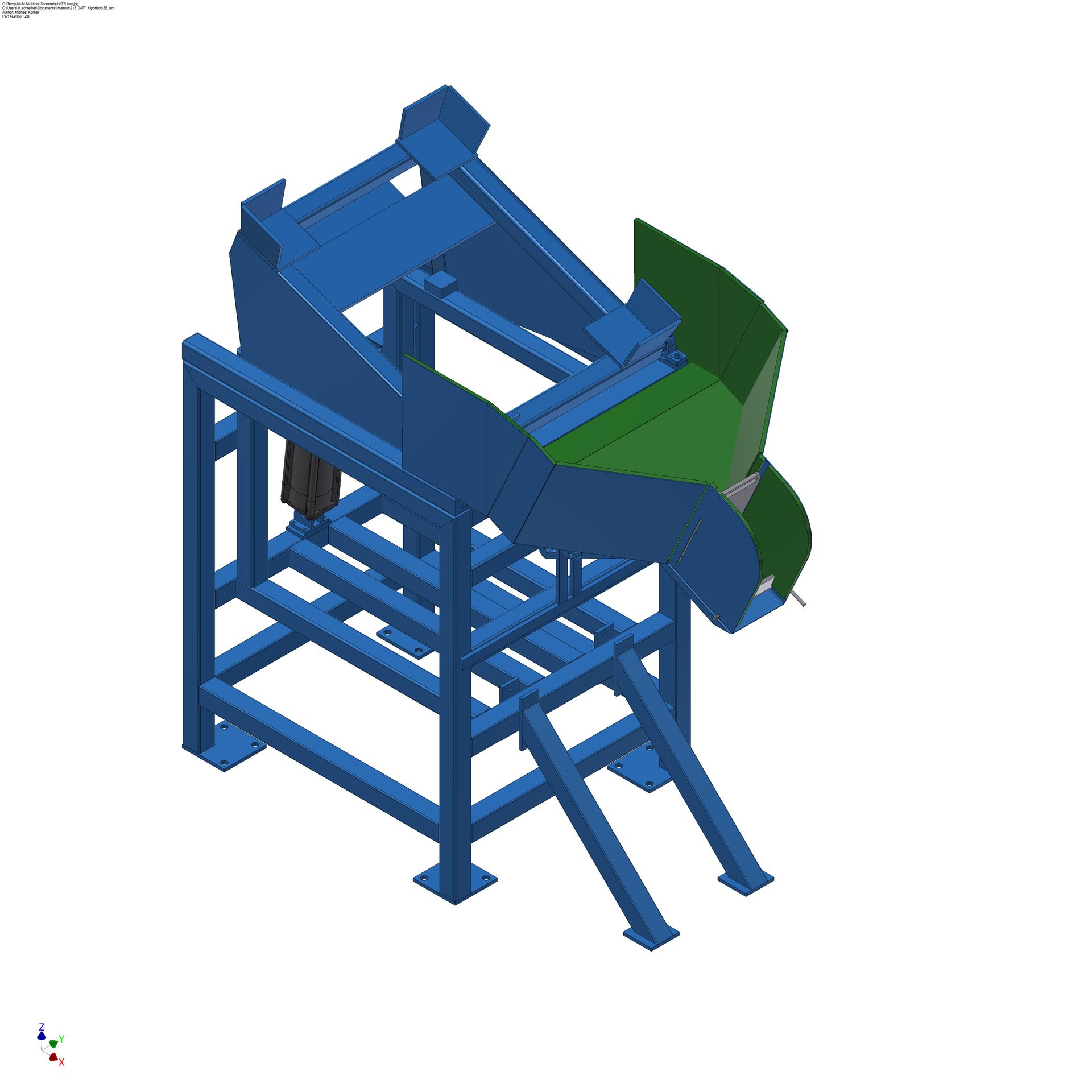 Blaue und grüne Industriemaschine auf einem blauen Rahmen, wahrscheinlich in der Fertigung verwendet.
